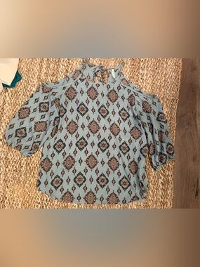 mts Light Blue Cold-Shoulder Printed Tie-Neck Blouse